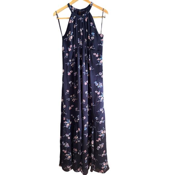 A PEA IN THE POD | Navy Blue Floral Chiffon Halter Maxi Dress | Size Small - Picture 2 of 7